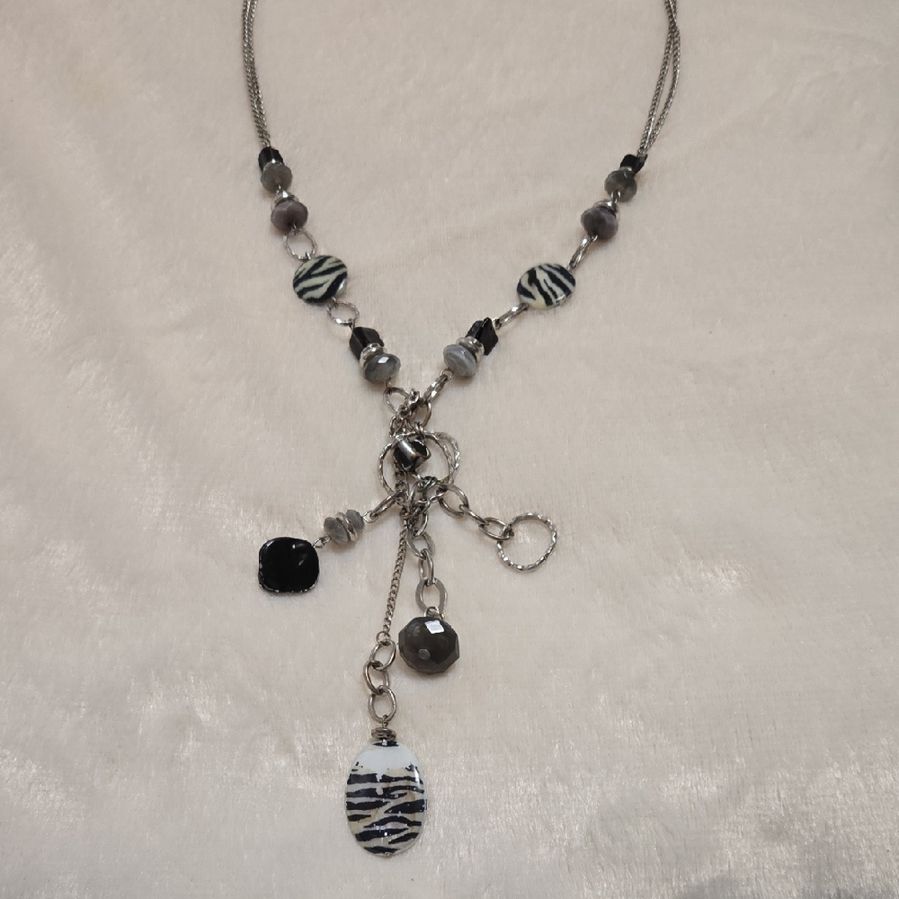 Silver-Tone Black and White Zebra Pendant Layered Necklace
